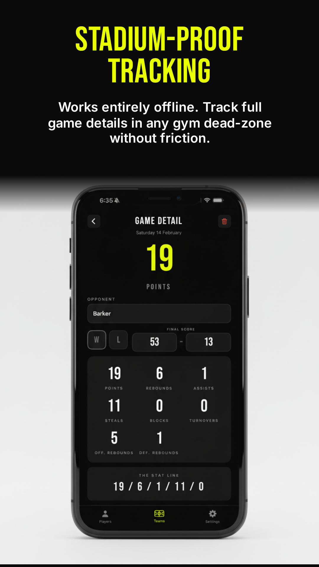 Statline app running on a phone on the sideline of a game