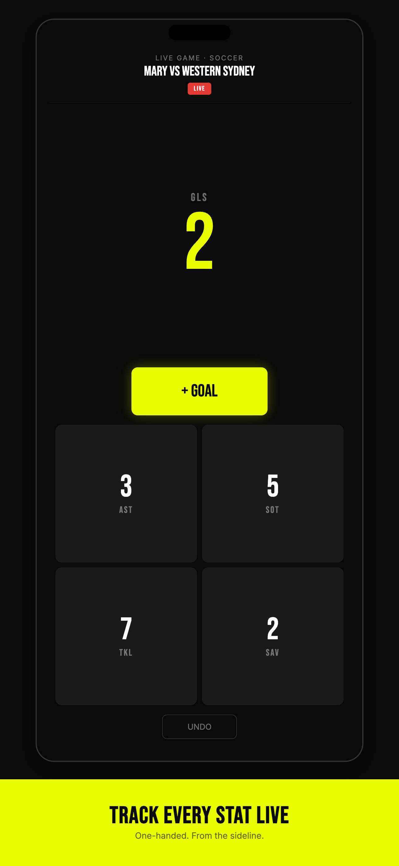 Statline app showing live basketball stat tracking with one-tap buttons for points, rebounds, assists, steals, and blocks