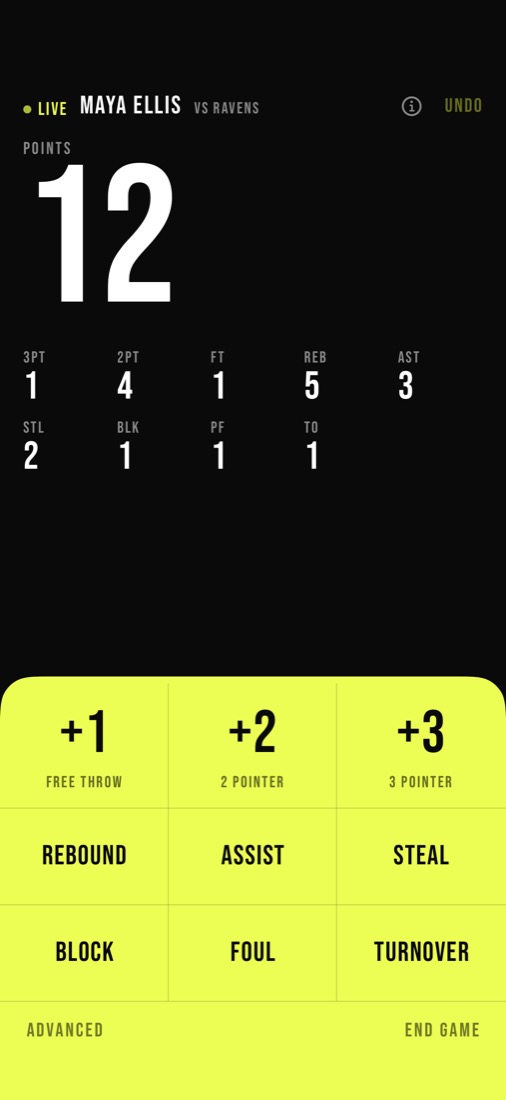 The live tracking screen with large stat buttons