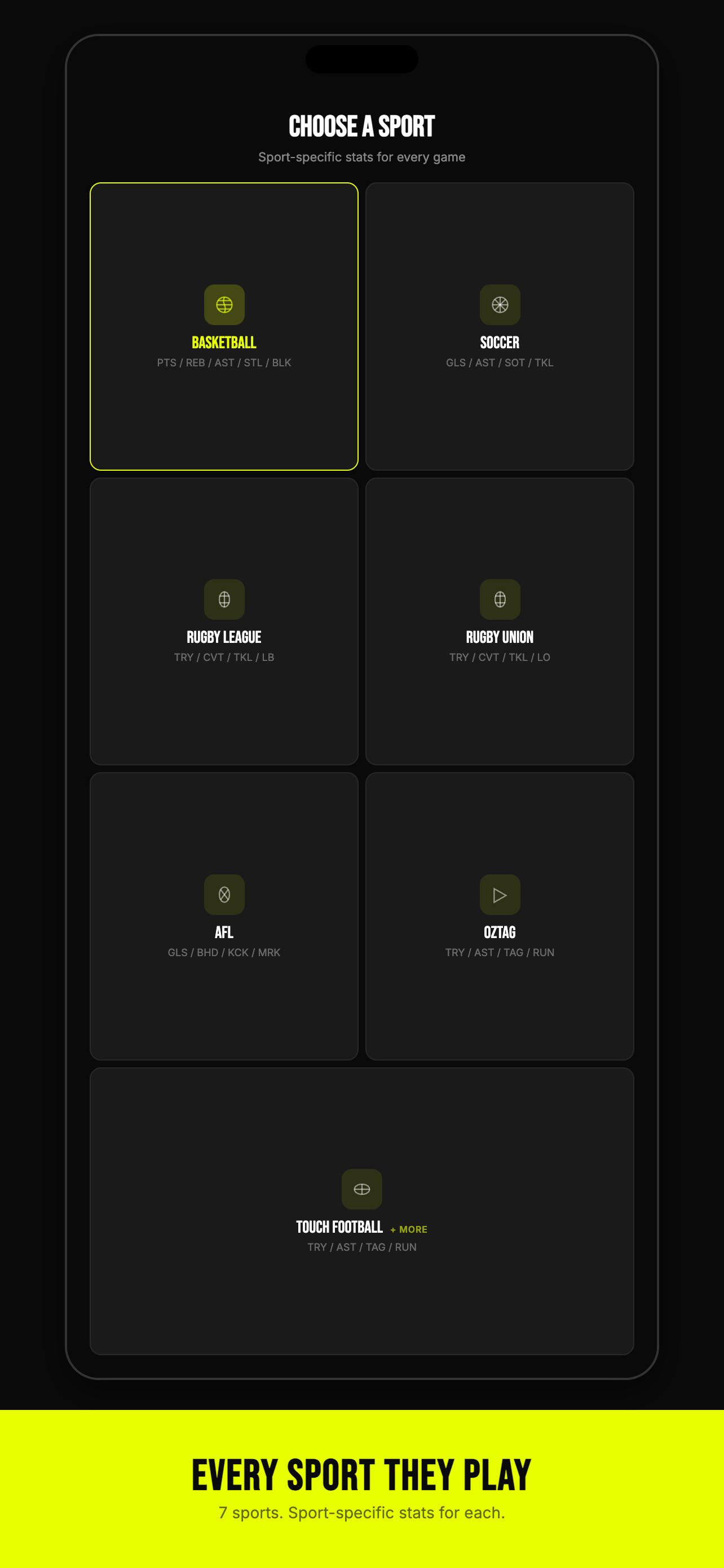 Statline sport selector showing basketball soccer AFL rugby league rugby union oztag and touch football